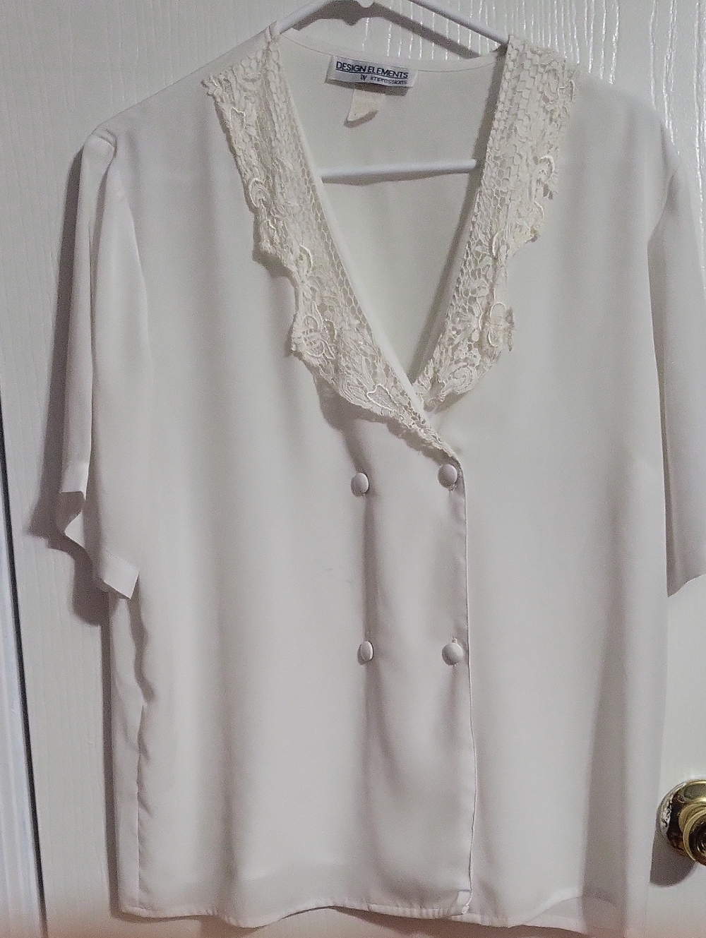 Blouse-Classic Elememts By Impression Cream Lace-Trim V-Neck Blouse